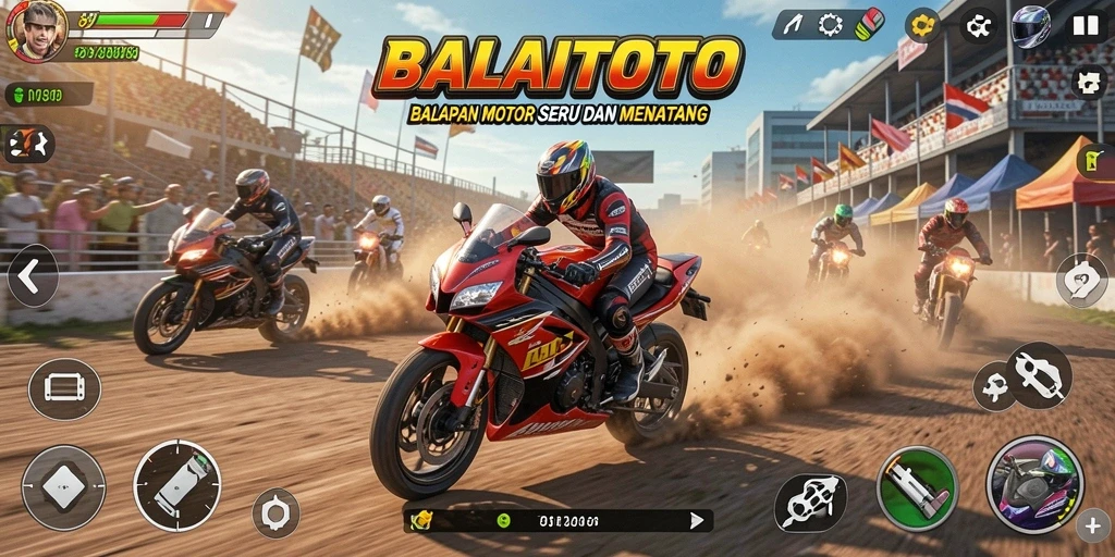 Screenshot BALAITOTO menampilkan gameplay yang penuh aksi balapan motor.