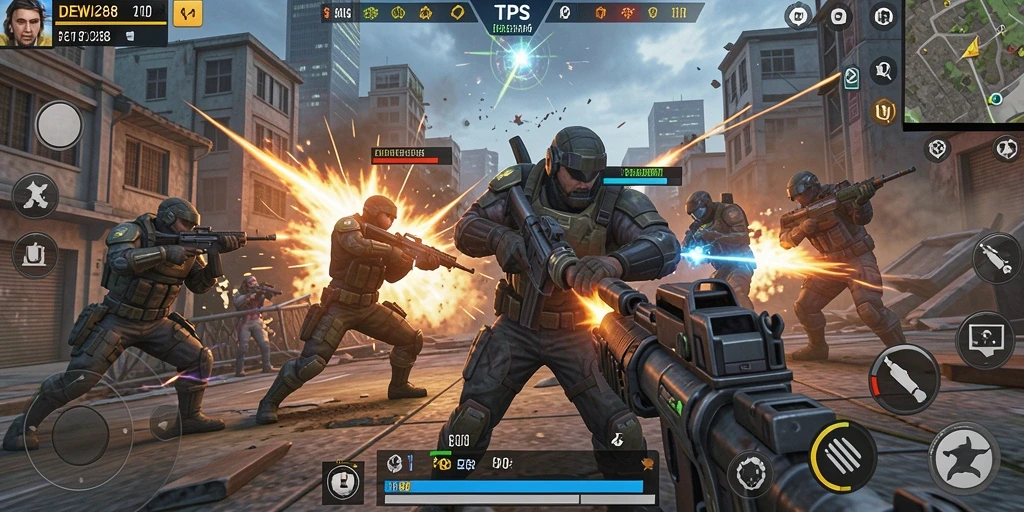 Tampilan gameplay seru dengan aksi pertempuran TPS yang mendebarkan.