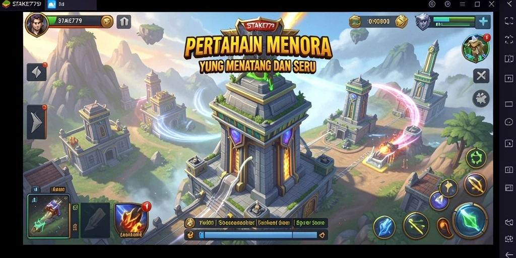 Screenshot gameplay STAKE779 dengan menara bertahan melawan musuh.