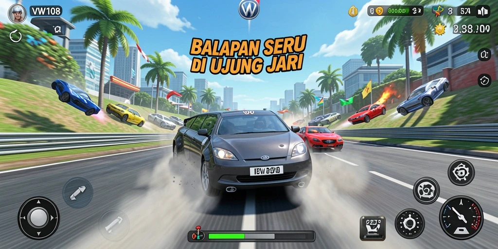 Screenshot gameplay VW108 yang penuh aksi di trek balapan.